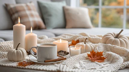 Cozy autumn window scene with soft pillows, glowing candles, pumpkins and a warm hot drink, inviting fall home decor and hygge lifestyle photo © annebel146