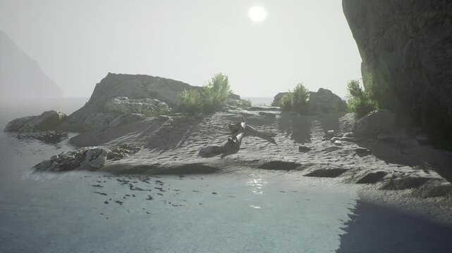 Sunlit rocky platform under high sun, drone operator mapping coastal terrain for research survey, stark contrasts and bright haze define barren textures.
