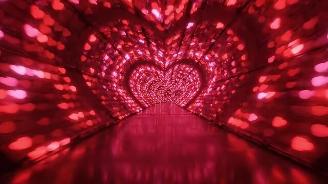Romantic red heart tunnel, Valentine's Day background, love concept, heart-shaped lights