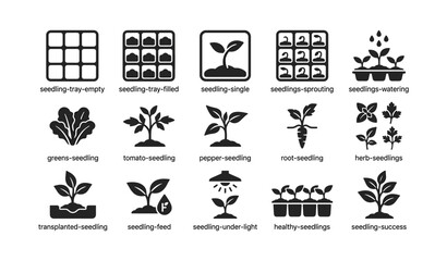 Fototapeta premium Seedling and plant icons showing trays, sprouts and growth on white