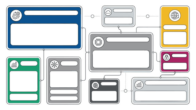 Flowchart diagram layout with connected cards for network data workflow as a vector illustration