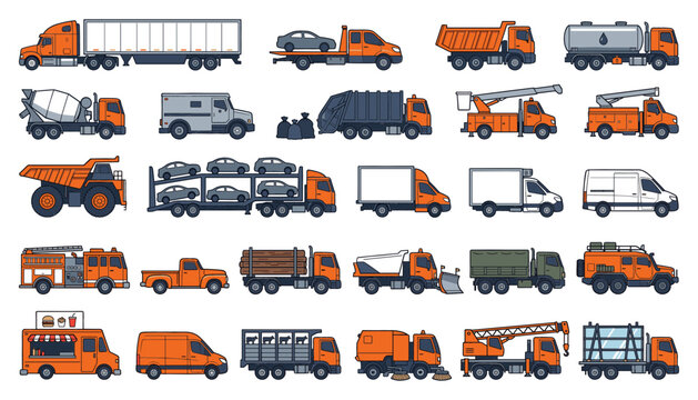 Truck Vehicle Icons Set with Orange and Gray Flat Vector Designs Showing Cargo Trailers and Utility Transport