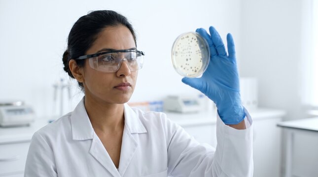 Indian microbiologist looking bacteria culture in lab