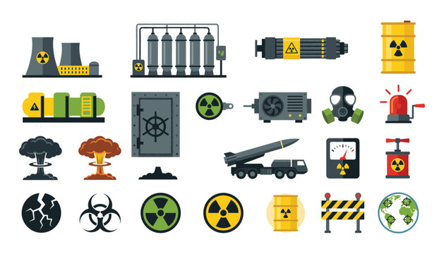 Nuclear Hazard Icons Set with Radiation Symbols, Barrels, Warning Signs, and Transport Vector Illustrations for Safety Training