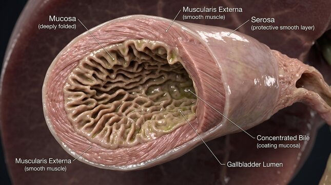 Gallbladder Wall Layers Anatomical 3D Cross Section Showing Serosa and Tissue Structure