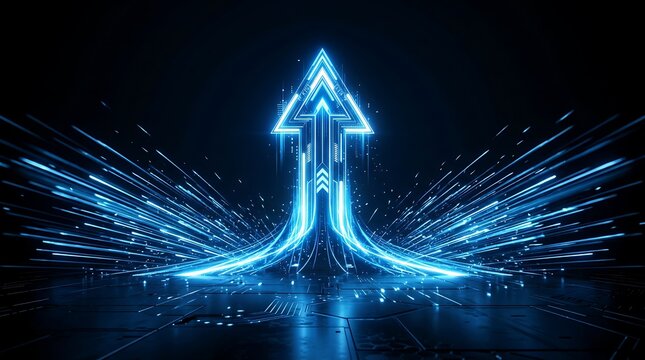 Futuristic blue arrow pointing up with neon light trails