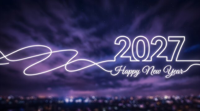 Glowing neon white numbers 2027 with elegant cursive celebratory text