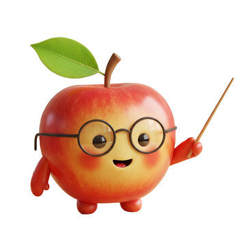 Cute cartoon apple character with glasses and pointer stick, teaching, education, and knowledge concept.