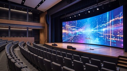 Naklejka premium Modern auditorium with a large curved LED screen displaying a dynamic abstract digital data visualization, featuring an empty stage, podium, microphones, and rows of unoccupied grey seats in a profess