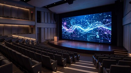Naklejka premium Modern auditorium with a large curved LED screen displaying a dynamic abstract digital data visualization, featuring an empty stage, podium, microphones, and rows of unoccupied grey seats in a profess