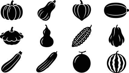Set of black and white icons representing various types of squash pumpkins and melons. © Momo
