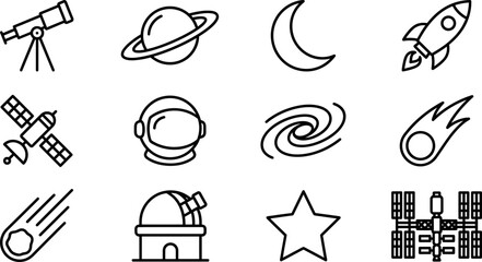 Set of space and astronomy outline icons for design projects. © Momo
