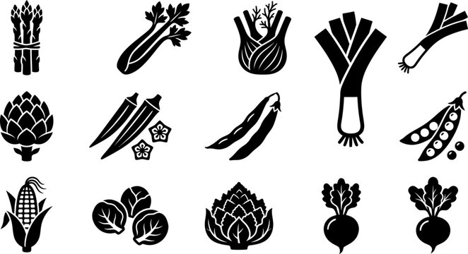 Set of fresh vegetable icons in flat black silhouette style.