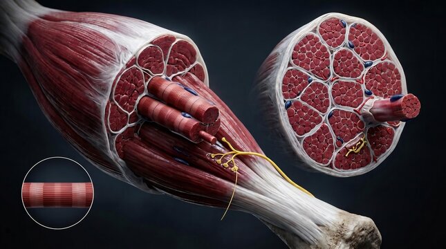 Human Skeletal Muscle Cross-Section and Longitudinal Section Anatomy Illustration | Microscopic Muscle Fiber Structure
