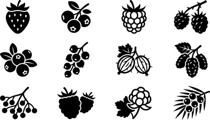 Set of black and white berry icons including strawberry raspberry and blueberry. © takmurah