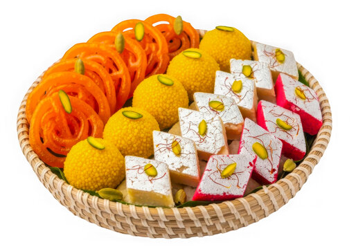 A round basket filled with traditional indian sweets like jalebi laddu and barfi isolated on transparent background