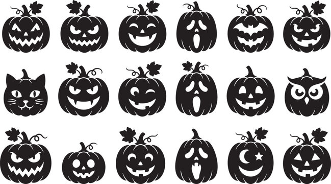 Halloween jack o' lantern silhouettes spooky pumpkin faces black cat owl bat designs for autumn celebrations