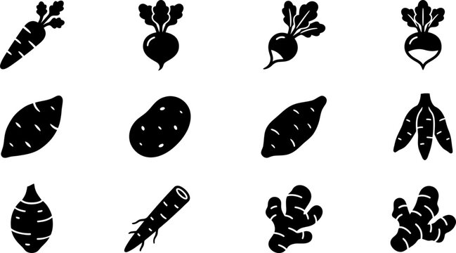 Set of black silhouette icons representing various root vegetables and tubers.