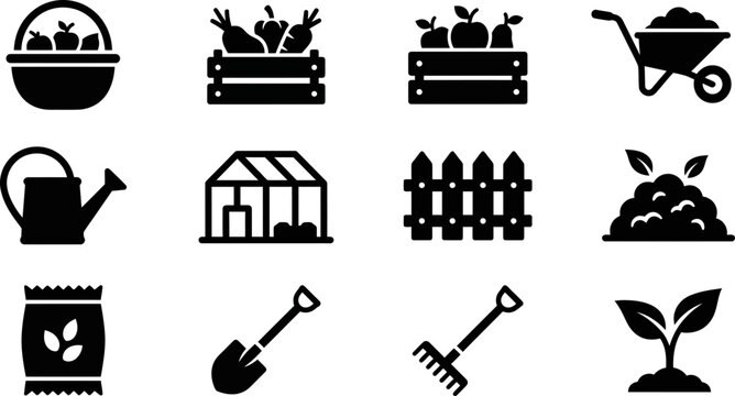Set of agriculture and farming icons for gardening and cultivation.