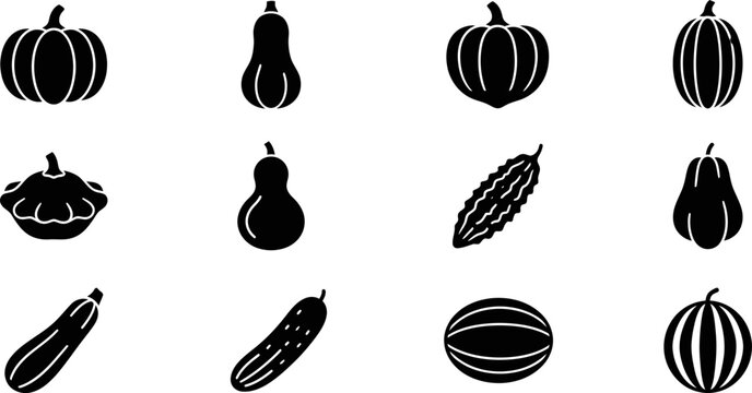 Set of black silhouette icons featuring various types of gourds and pumpkins.
