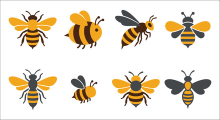 Collection of stylized bee illustrations with varying poses and color schemes on a white background