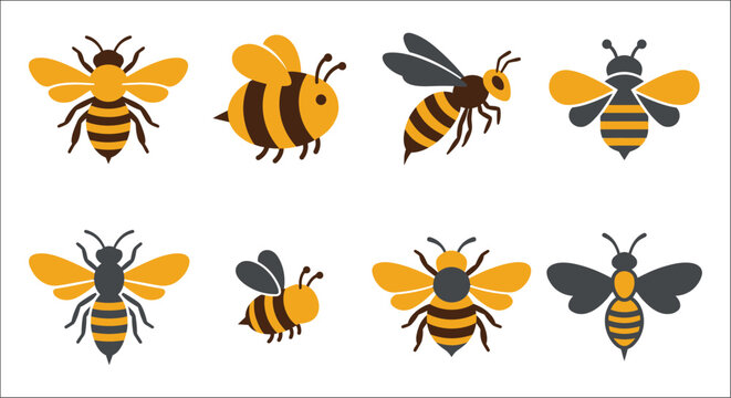 Collection of stylized bee illustrations with varying poses and color schemes on a white background