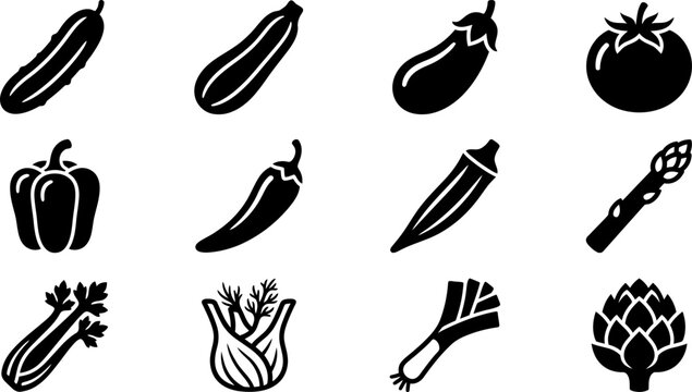 Set of black and white vegetable icons for healthy eating design.