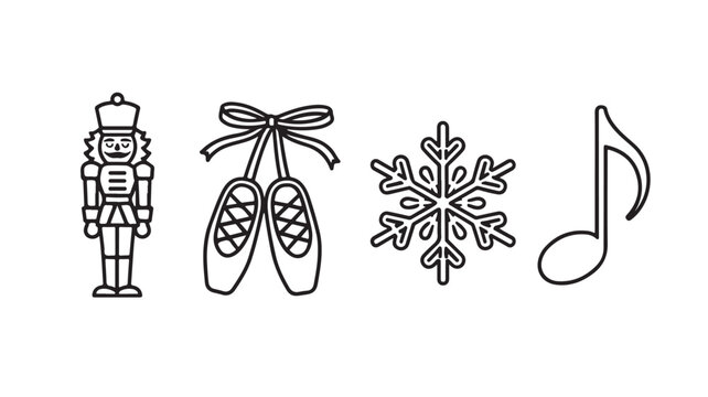 Christmas icons set with nutcracker, ballet shoes, snowflake and music note on white background