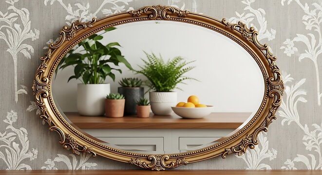 Elegant oval mirror with ornate gold frame hanging on a patterned grey wall in a cozy home interior