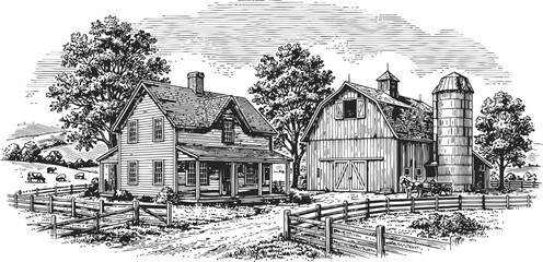 An engraving of a vintage farmhouse and barn with a silo during a pastoral day evoking rural nostalgia and tradition © Ishtiaq