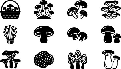 Collection of various edible mushroom icons in flat black style. © dani