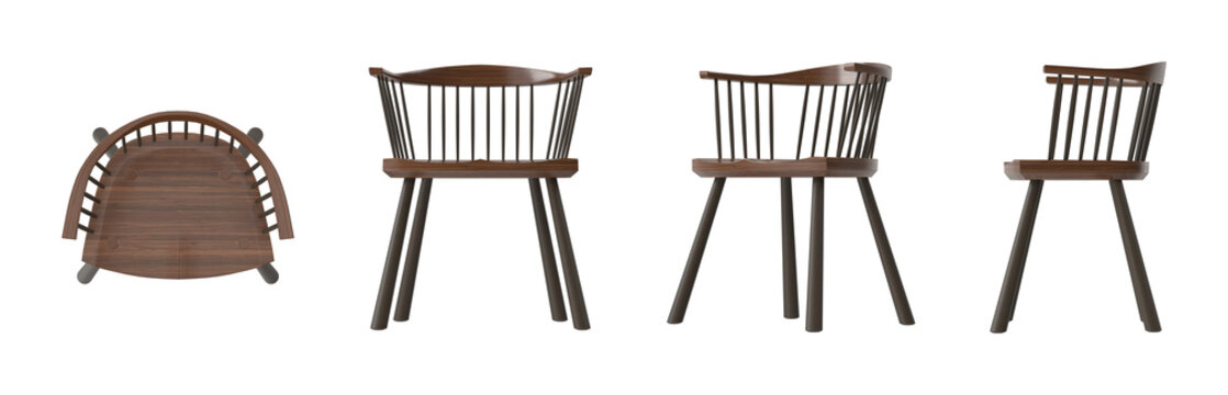 Classic wooden chair with spindle back and curved seat shown from multiple angles