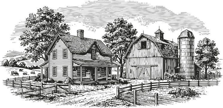 An engraving of a vintage farmhouse and barn with a silo during a pastoral day evoking rural nostalgia and tradition