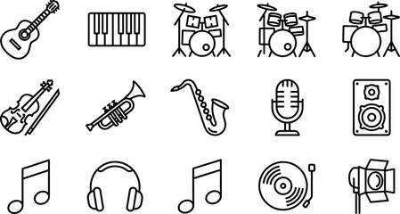 Set of black and white musical instrument icons. © dani
