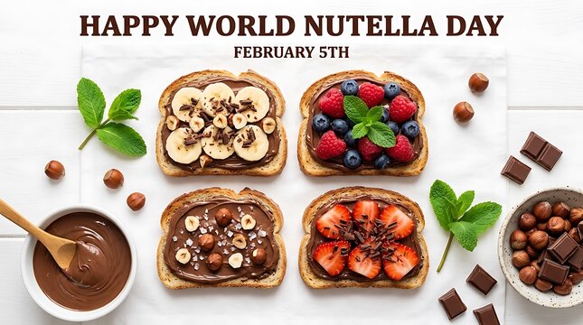 Happy world nutella day delicious toast slices with fruit and hazelnut spread