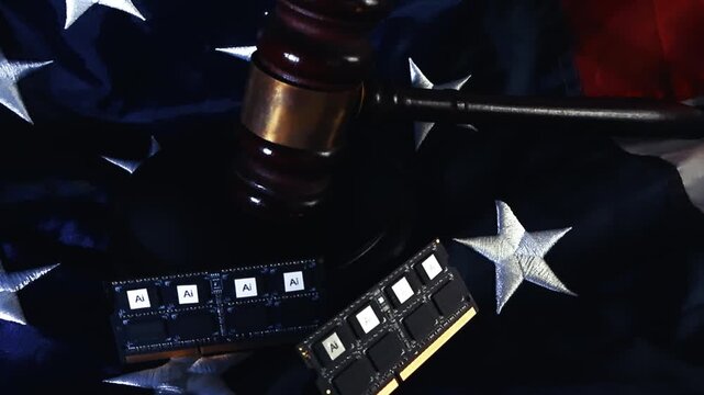 Conceptual video of AI chips and a judge's gavel resting on an American flag, symbolizing the regulation, legislation, and ethical challenges of artificial intelligence in the USA