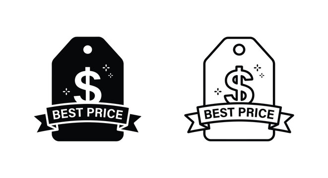 Price tag with dollar sign and ribbon black and white line art style