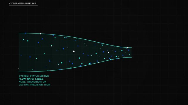 Glowing cybernetic pipeline flows through futuristic landscape