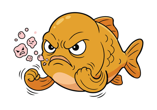 Furious angry goldfish cartoon mascot in boxing pose with aggressive expression and rage bubbles. Funny cartoon fish with clenched fists, furious eyebrows and angry face bubbles.