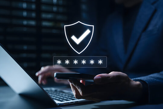 Cybersecurity and identity protection concept. enters password on smartphone with shield check icon, showing secure mobile login, MFA authentication, OTP verification, encrypted access, data privacy