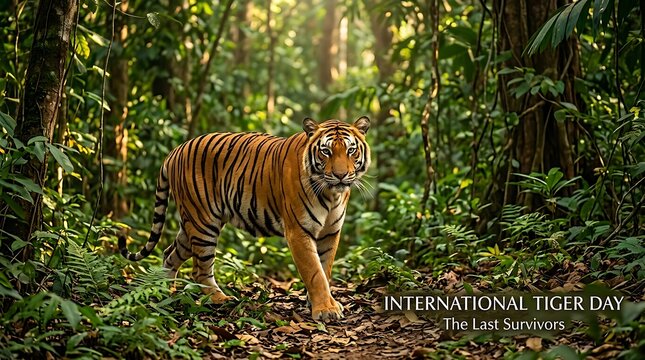 Wild tiger walking through lush green jungle forest international tiger day