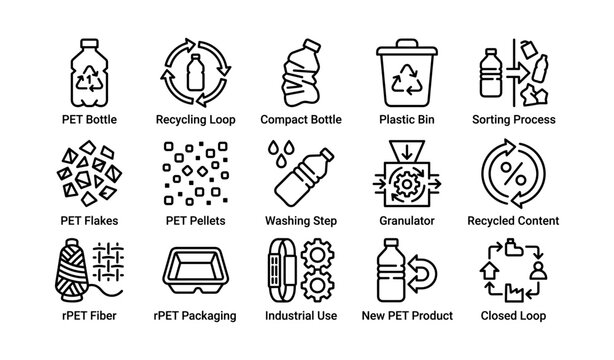 Pet bottle recycling icons arranged in grid on white background