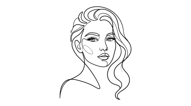 Elegant continuous line drawing of woman face with wavy hair