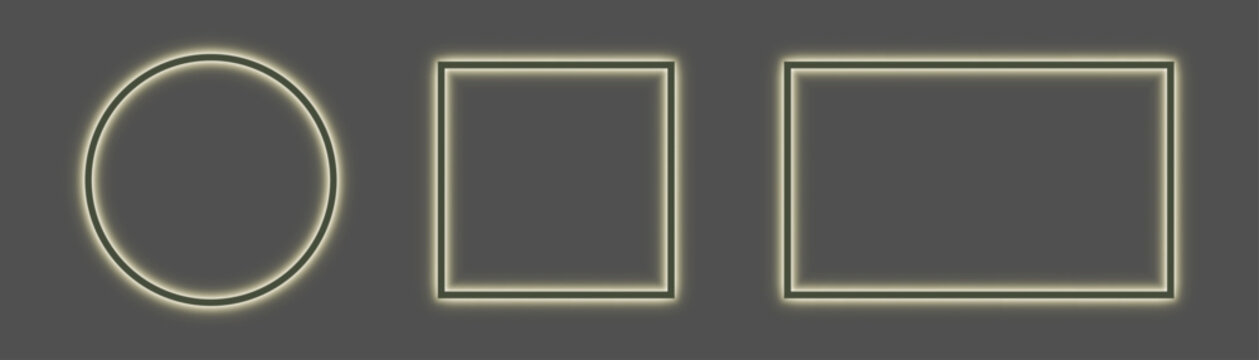 Neon glowing geometric empty frame collection with gradient light border and outline vector modern circle square rectangle shape isolated design for wall wood picture, photo
