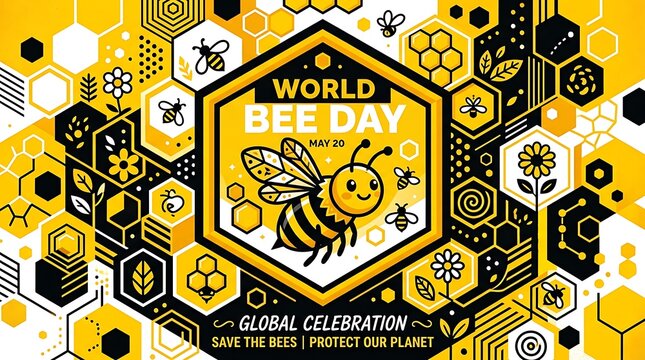 World bee day graphic illustration with honeycombs and bees concept, honeycomb
