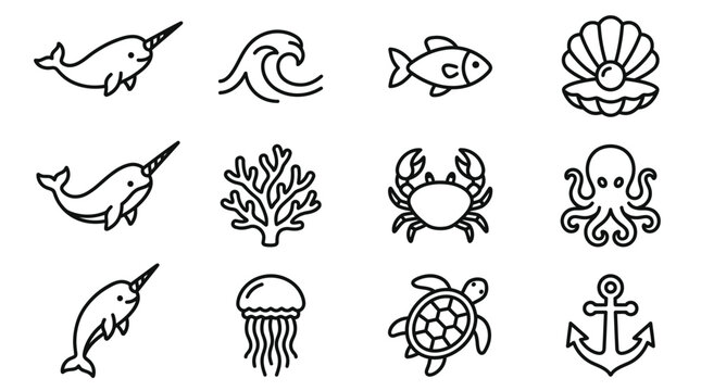 Cute Ocean Icons Set: Narwhal, Wave, Fish, Pearl, Coral, Crab, Octopus, Jellyfish, Turtle, Anchor