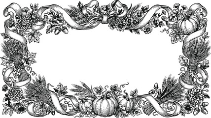 Autumn harvest border with pumpkins and grapes in an engraving vintage style for seasonal greetings © Ishtiaq