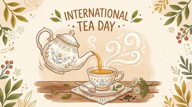International tea day illustrative greeting card with beverage, infusion