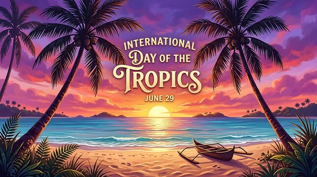 International day of the tropics june 29th sunset beach scene with tropical