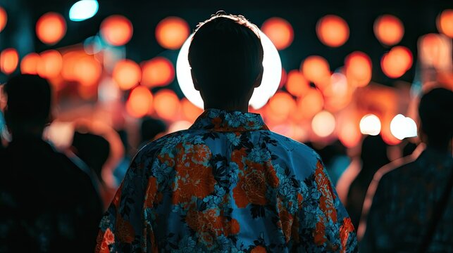Figure in floral garment amidst blurred illuminated spheres